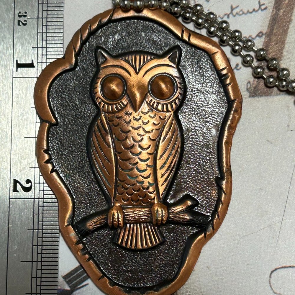 1960s Vintage Midcentury Signed Bell Trading Post Solid Copper Owl Pendant